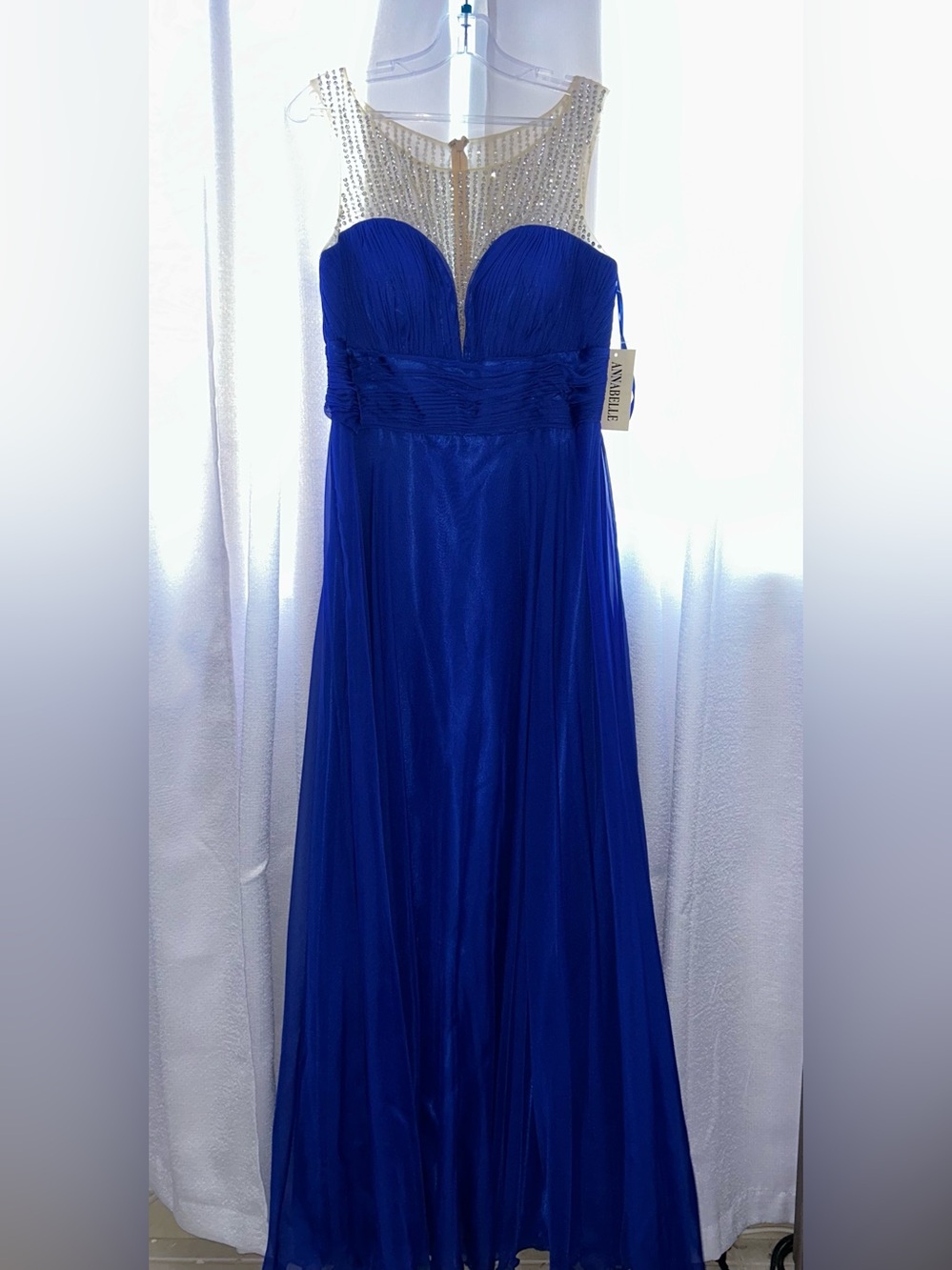 Annabelle Royal Blue Evening Dress with Beaded Sheer Yoke